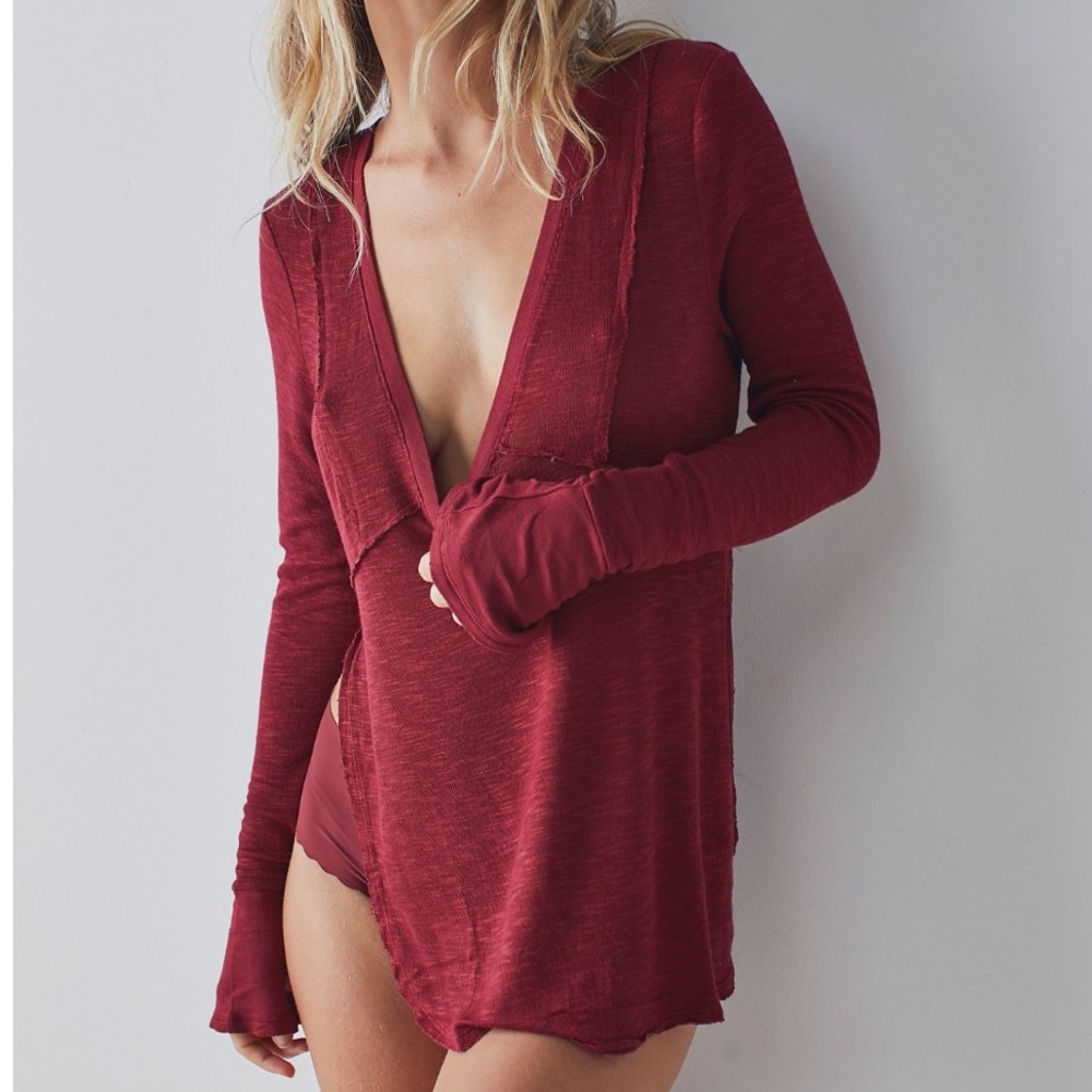NWT Free People Deep Red Long Sleeve V-Neck Tee